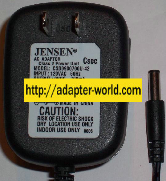 JENSEN CSD0900700U-42 AC ADAPTER 9VDC 0.7mA -( )- 2x5.5x13mm Use - Click Image to Close
